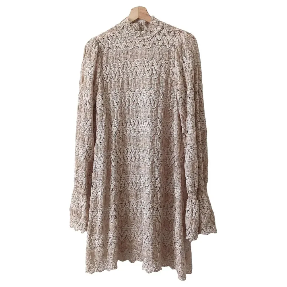 Free People Simone Lace Dress Long Sleeve Mini Sheer Bell Sleeve Beige Crochet M